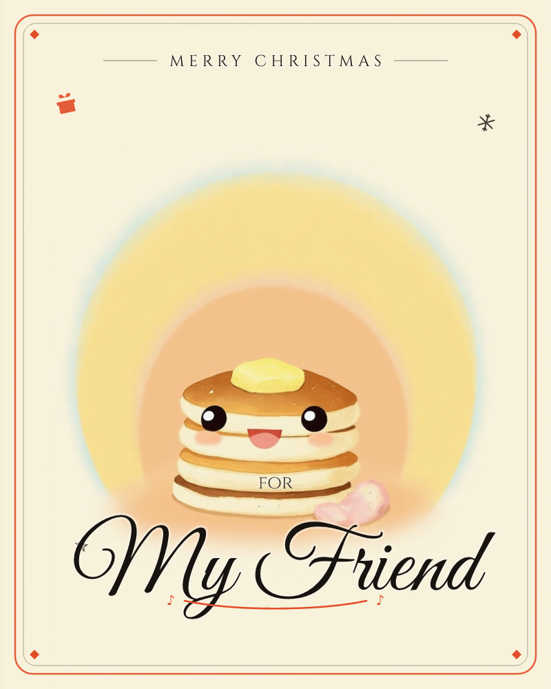 A cheerful stack of pancakes with a smiling face and rosy cheeks sits topped with a pat of butter, glowing against concentric circles of warm orange…, a christmas e-card design