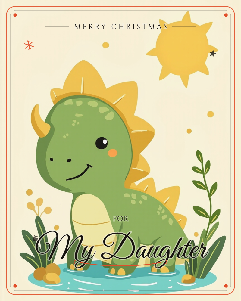 A cheerful green dinosaur with golden spikes and a small horn stands smiling in a shallow blue puddle, surrounded by tufts of grass and pebbles, a christmas e-card design
