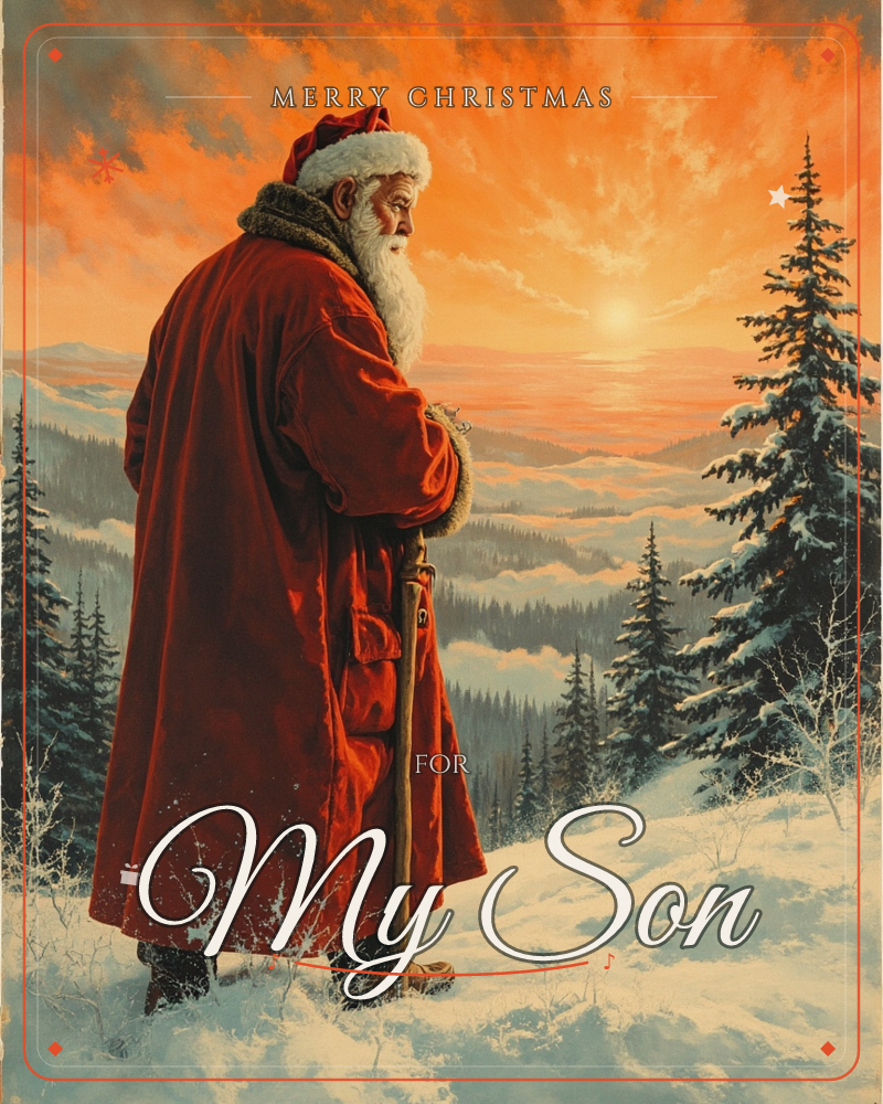 Santa Claus stands alone on a snowy ridge in a heavy red fur-trimmed coat, leaning on a wooden staff as he gazes out over a vast valley of pine forests…, a christmas e-card design