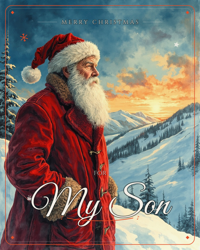 A white-bearded man in a fur-trimmed red coat and cap stands on a snowy mountainside, hands tucked in his pockets, gazing out over a valley of…, a christmas e-card design