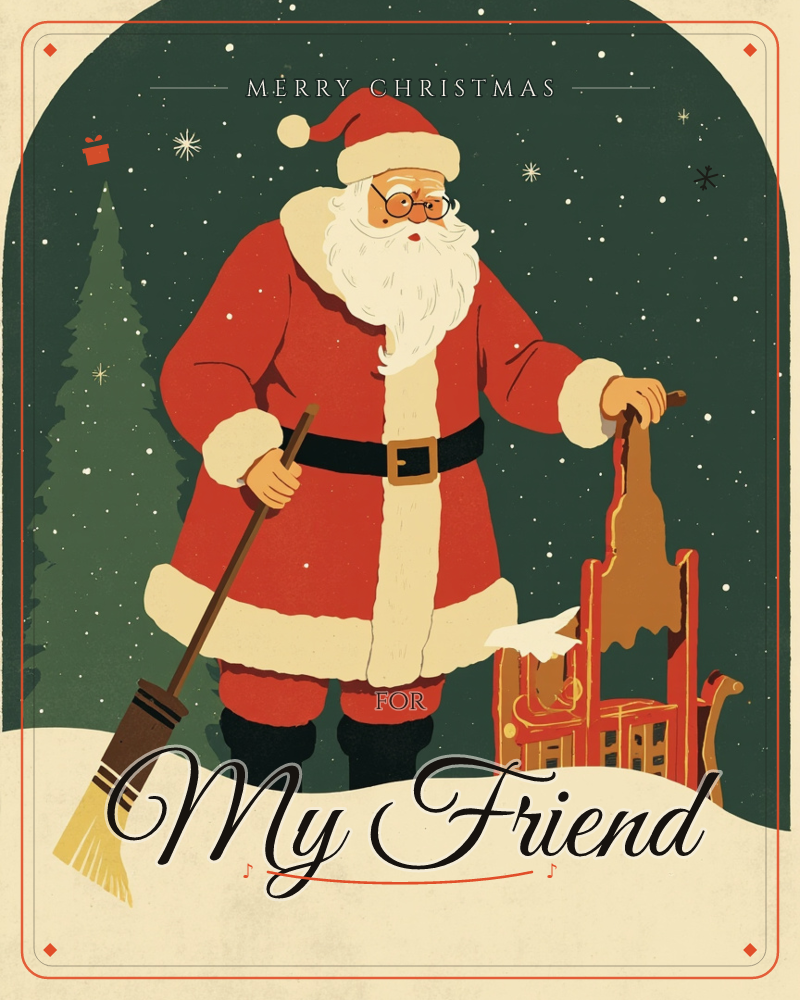 Santa Claus stands in fresh snow beneath a starry dark green sky, holding a broom in one hand and resting the other on a wooden sledge, a christmas e-card design
