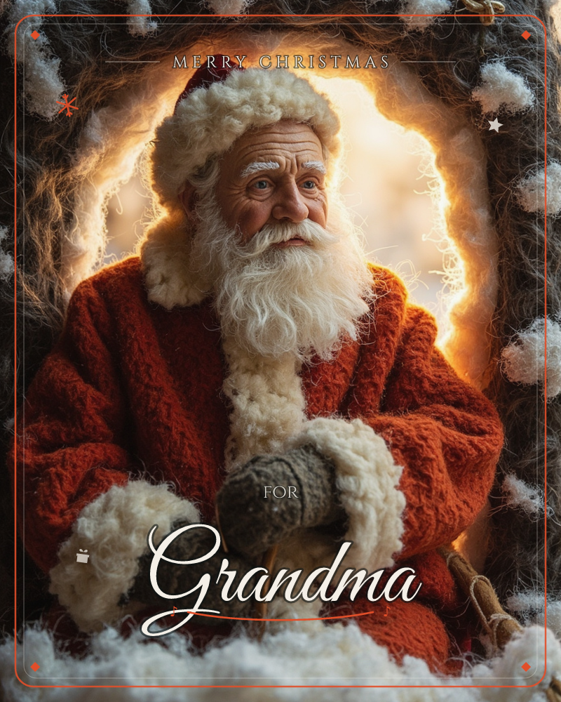 Santa Claus sits framed inside a knitted, snow-dusted archway, his red felted coat and creamy wool beard glowing against a warm golden light behind him, a christmas e-card design