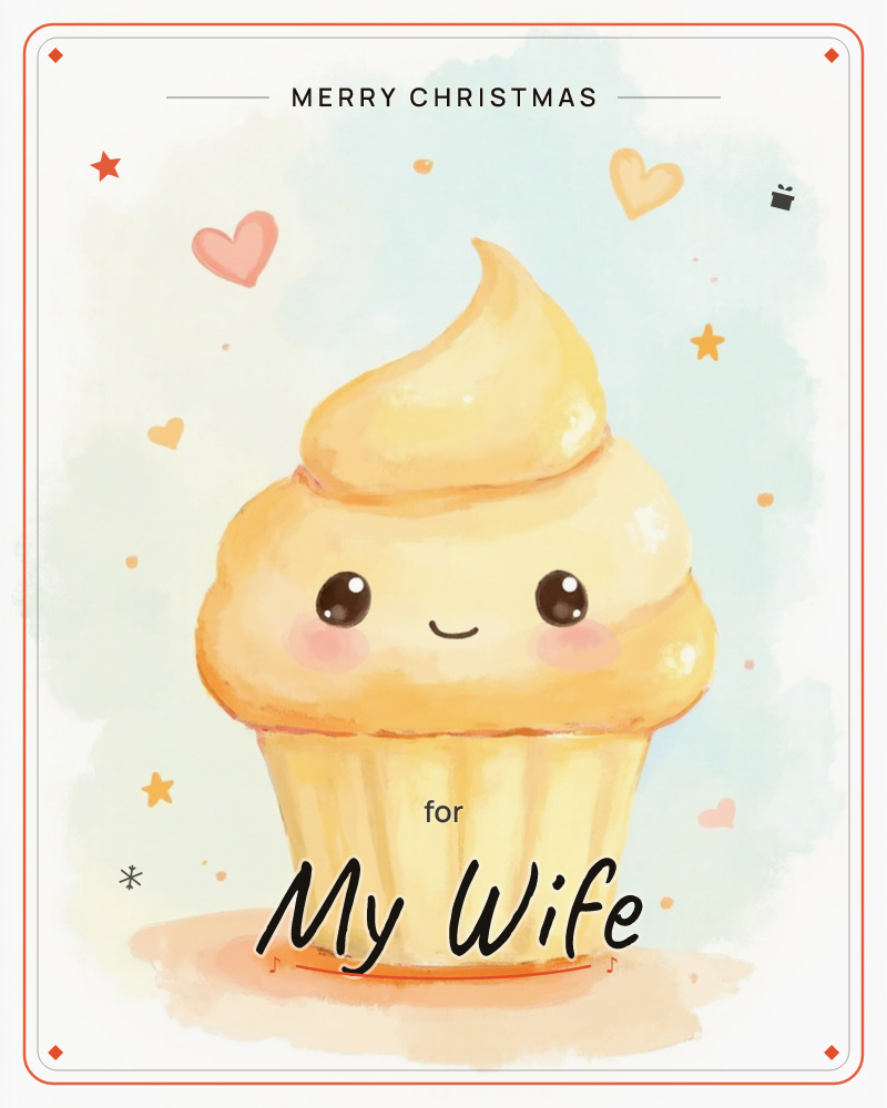 A cheerful cupcake with a swirl of golden frosting and a happy, rosy-cheeked face sits centre stage on a soft blue watercolour background, a christmas e-card design