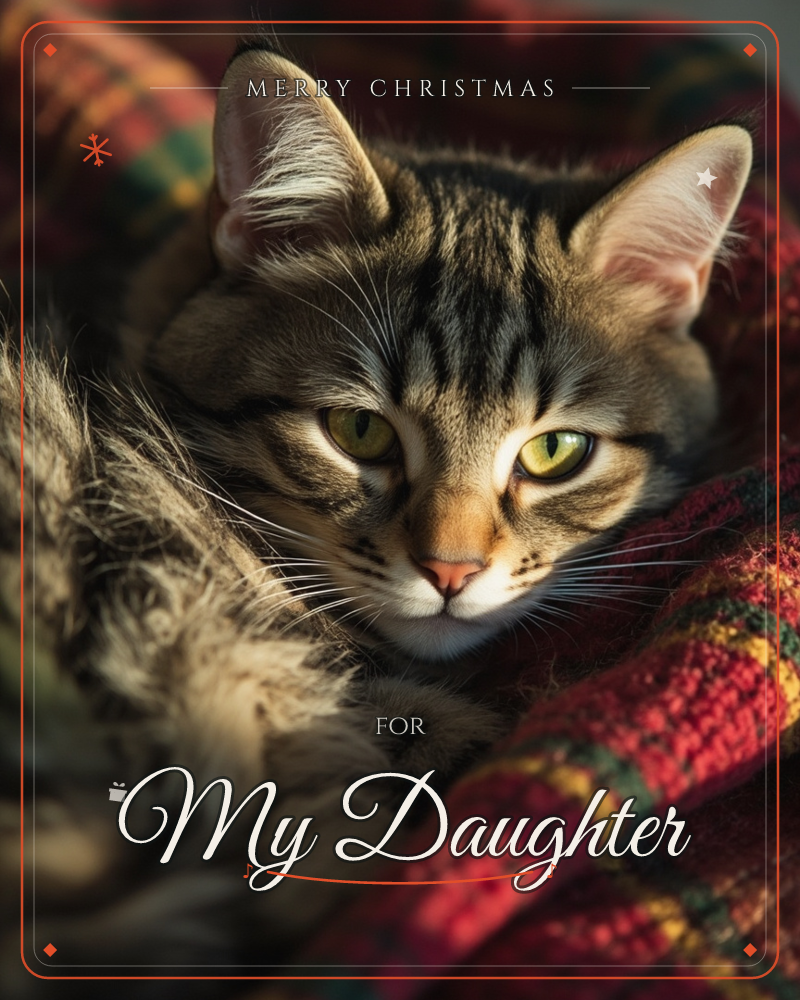 A tabby cat curls into the folds of a red and green tartan blanket, its green-gold eyes catching a warm shaft of light, a christmas e-card design