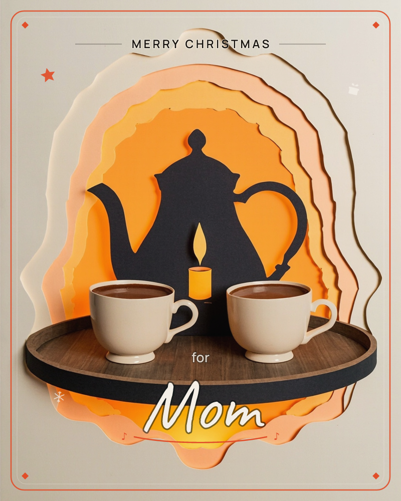 A layered paper-cut illustration shows a dark silhouette of a teapot and a small glowing candle rising behind a wooden tray set with two filled teacups, a christmas e-card design