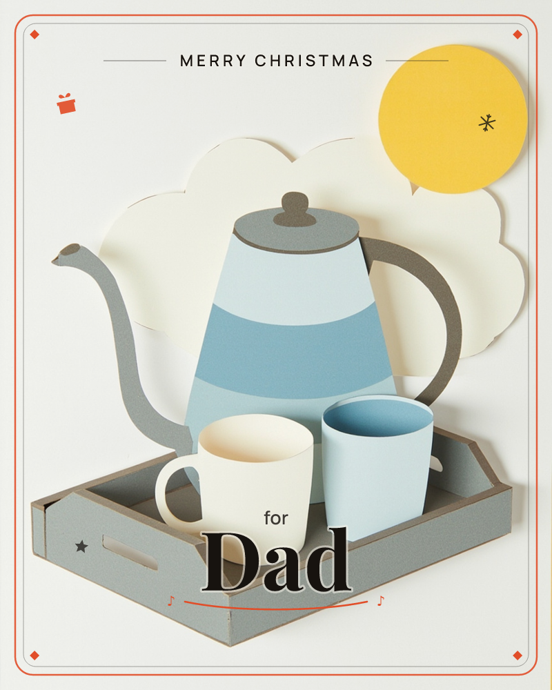 A paper-craft still life shows a striped blue kettle standing on a grey tray beside a cream mug and a pale blue mug, with a cut-out cloud and a bright…, a christmas e-card design