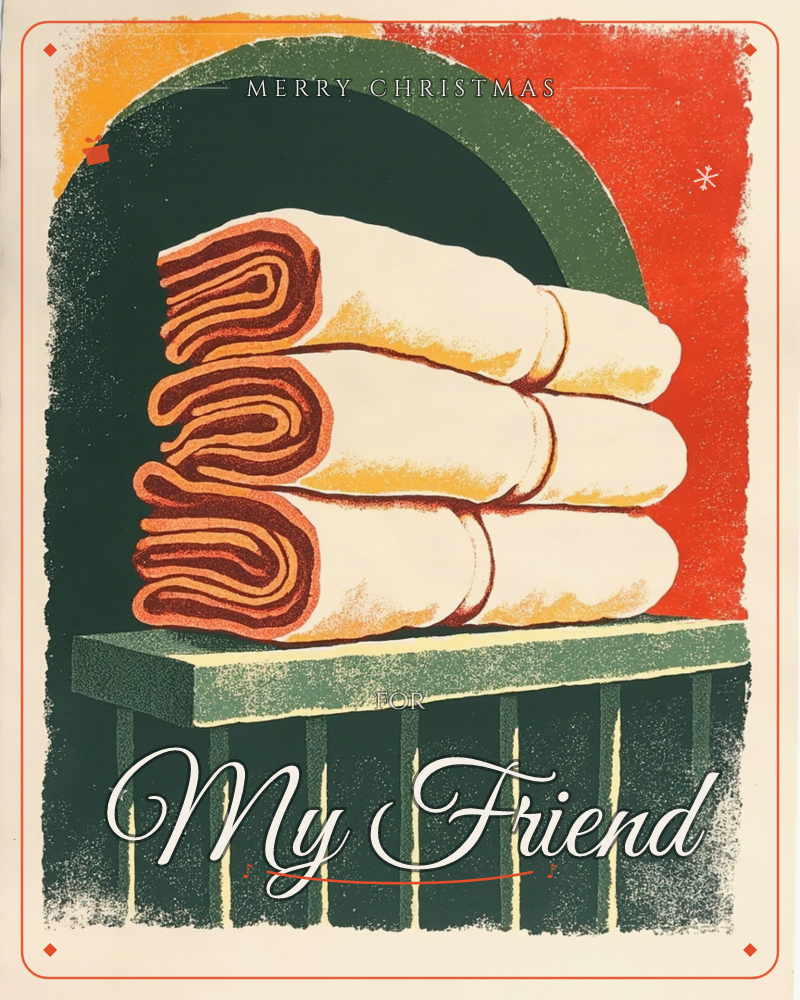 A stack of three folded blankets or towels, banded in rust and cream, sits on a slatted green bench beneath a dark arched niche framed by red and…, a christmas e-card design