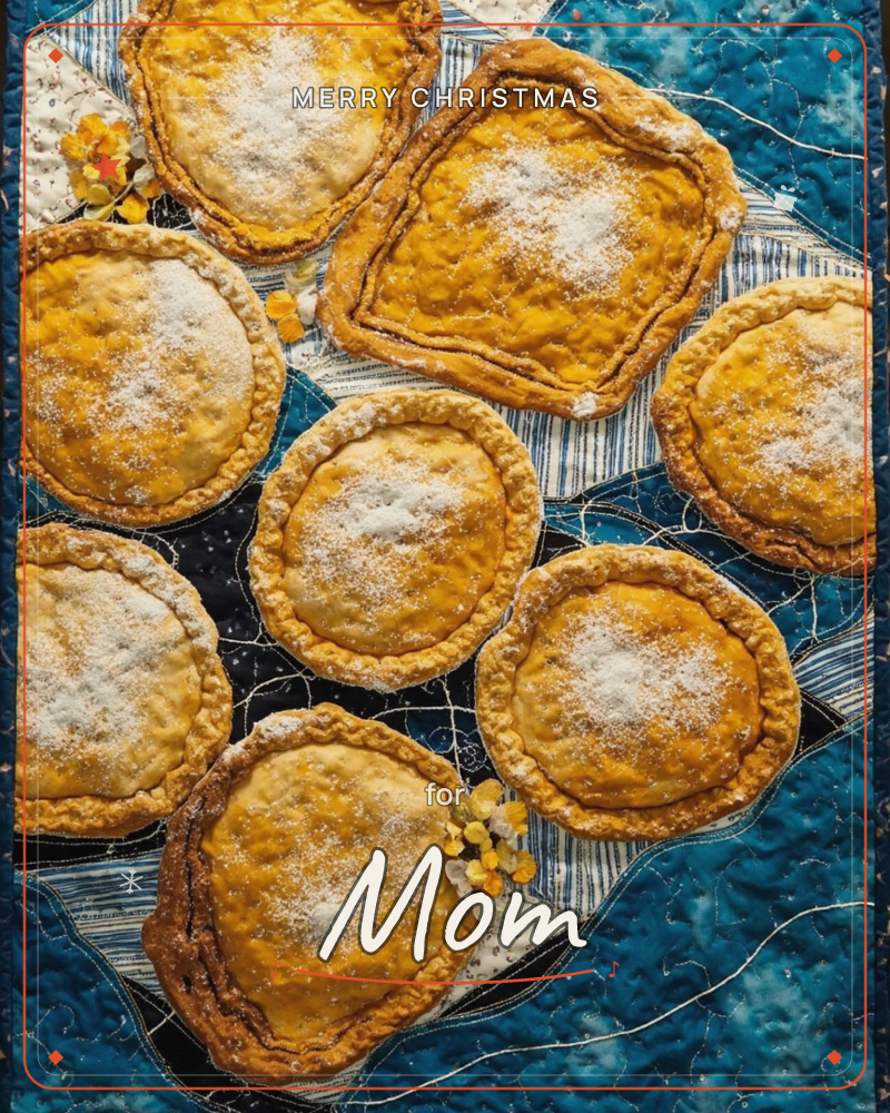 A cluster of golden-crusted hand pies, dusted with powdered sugar, is arranged on a deep teal striped cloth scattered with small yellow flowers, a christmas e-card design
