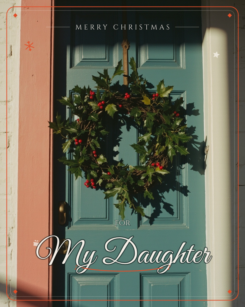 A holly wreath with dark green leaves and clusters of red berries hangs on a weathered teal-blue paneled door, its brass handle catching a sliver of…, a christmas e-card design
