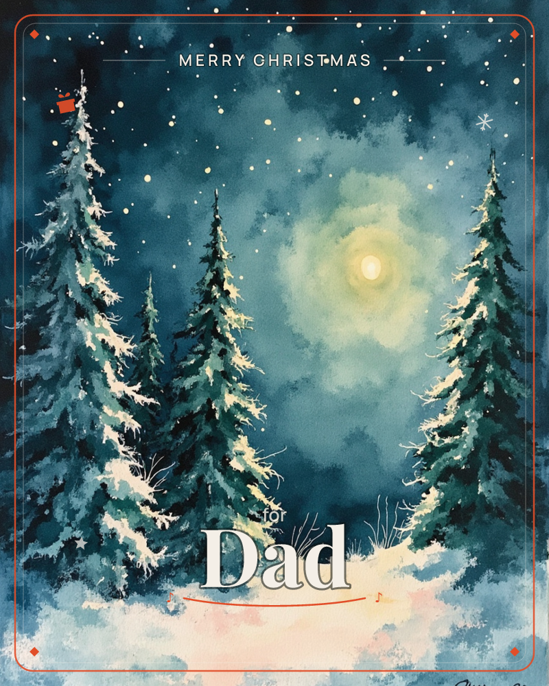 A watercolour winter forest at night, with snow-laden pine trees framing a glowing full moon surrounded by soft mist and scattered stars, a christmas e-card design