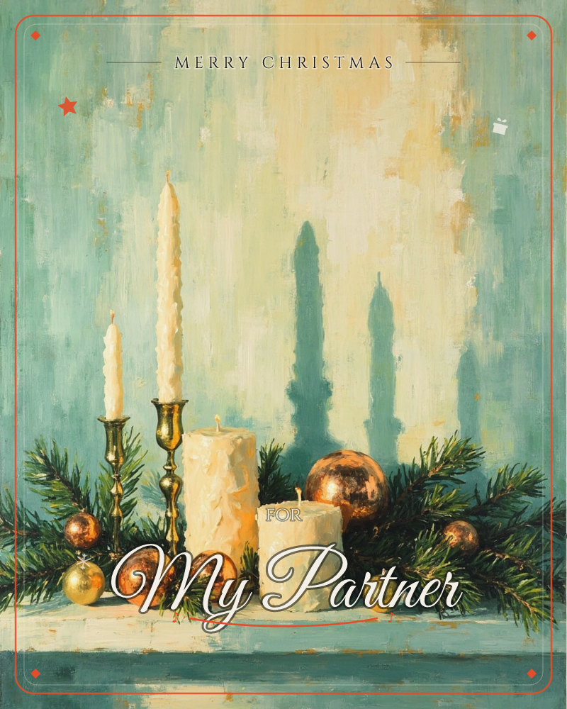 A still-life mantel arrangement shows tall and squat ivory candles in brass holders among sprigs of pine and scattered copper baubles, their tall…, a christmas e-card design