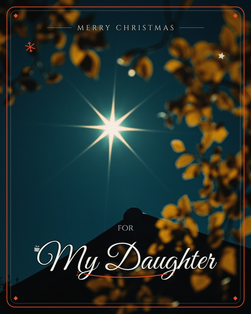 A brilliant starburst of light glows against a deep teal night sky, framed by autumn leaves in warm amber and gold, a christmas e-card design