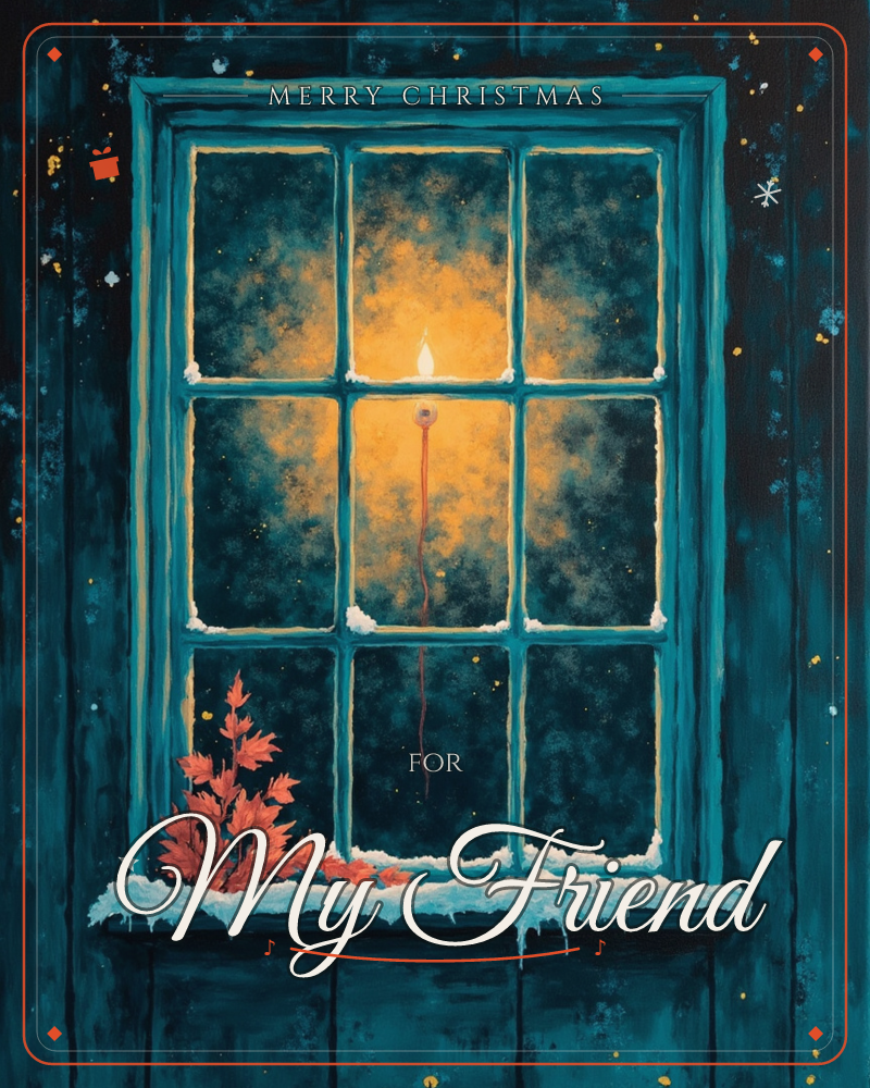 A teal-framed window glows with warm amber light from a single candle inside, its panes dusted with falling snow, a christmas e-card design