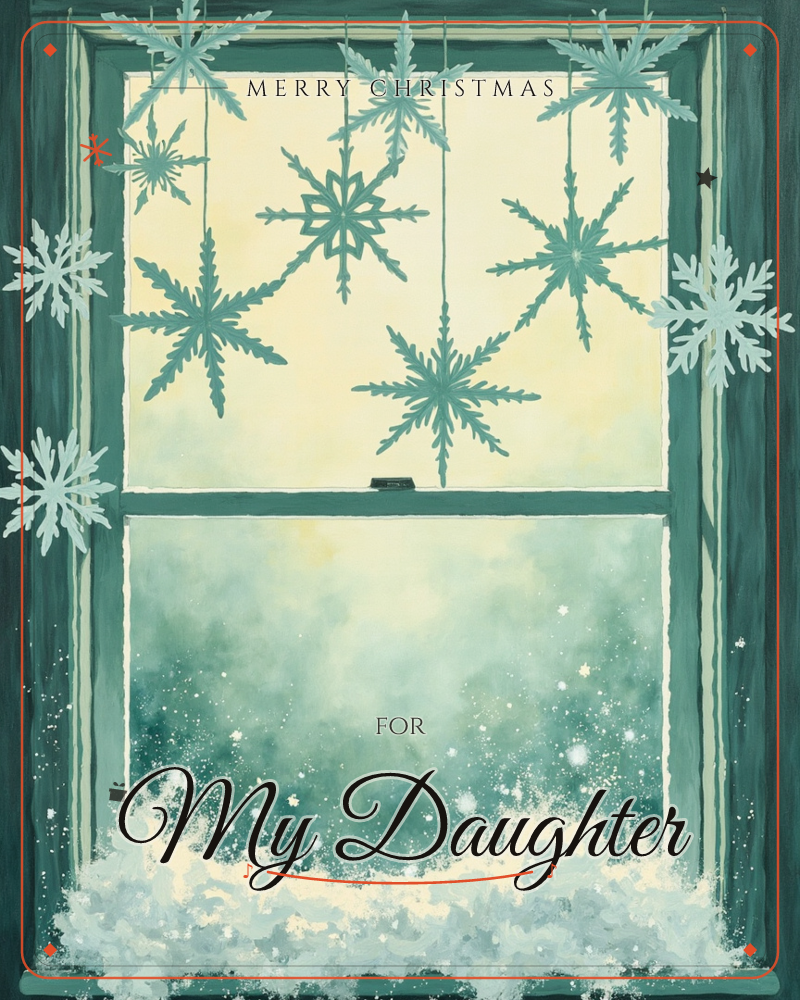A teal-framed window is strung with paper snowflakes of varying sizes, dangling on threads against a warm, pale gold sky, a christmas e-card design