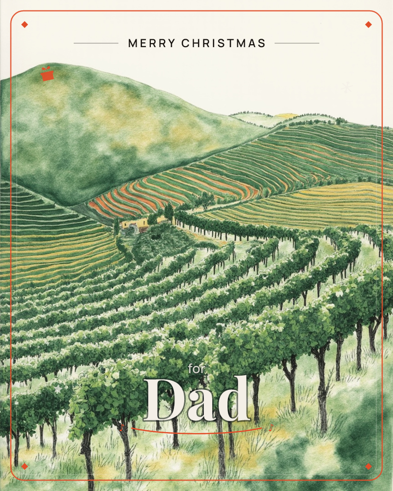 A painted vineyard rolls across terraced hillsides, rows of leafy vines marching in neat diagonal lines toward a small yellow farmhouse tucked among…, a christmas e-card design