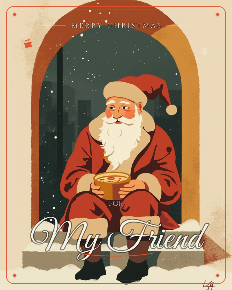 A weary Santa sits on a snowy stone step beneath a tall arched doorway, cradling a tin of biscuits in his lap, a christmas e-card design
