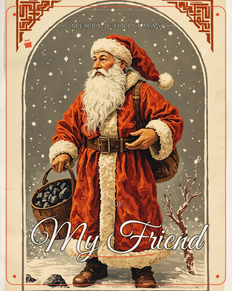 Santa Claus stands within an arched frame edged in ornate rust-red patterning, dressed in a fur-trimmed red coat and carrying a wooden basket of coal…, a christmas e-card design