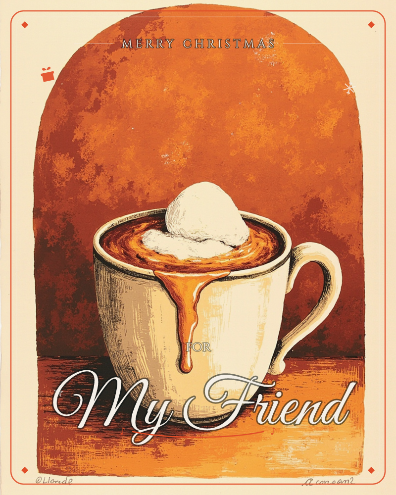A cream mug sits on a warm tabletop, filled to the brim with dark hot chocolate and topped with a melting scoop of vanilla ice cream that drips over…, a christmas e-card design