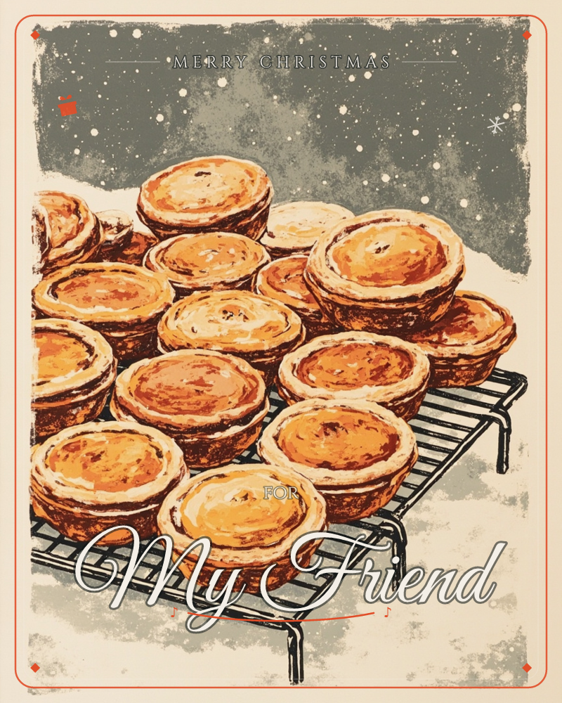 A crowded batch of golden mince pies cools on a wire rack, their crusts glazed amber and crisped at the edges, set against a speckled grey night sky…, a christmas e-card design