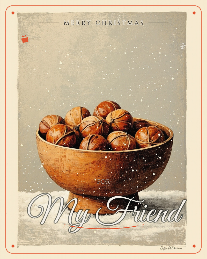 A wooden pedestal bowl sits piled high with whole chestnuts, resting on a bank of snow against a soft grey-taupe backdrop, a christmas e-card design