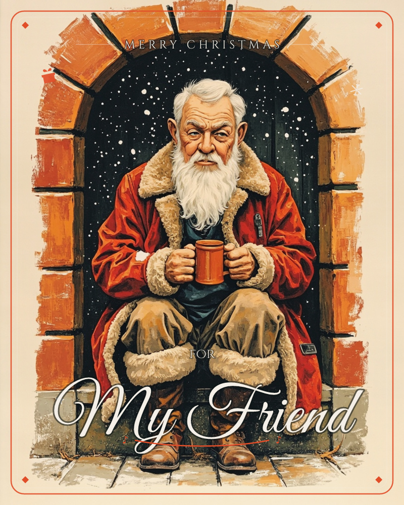 An old man with a long white beard sits in a brick archway, wearing a red fur-trimmed coat and tan trousers tucked into worn boots, cradling a mug in…, a christmas e-card design