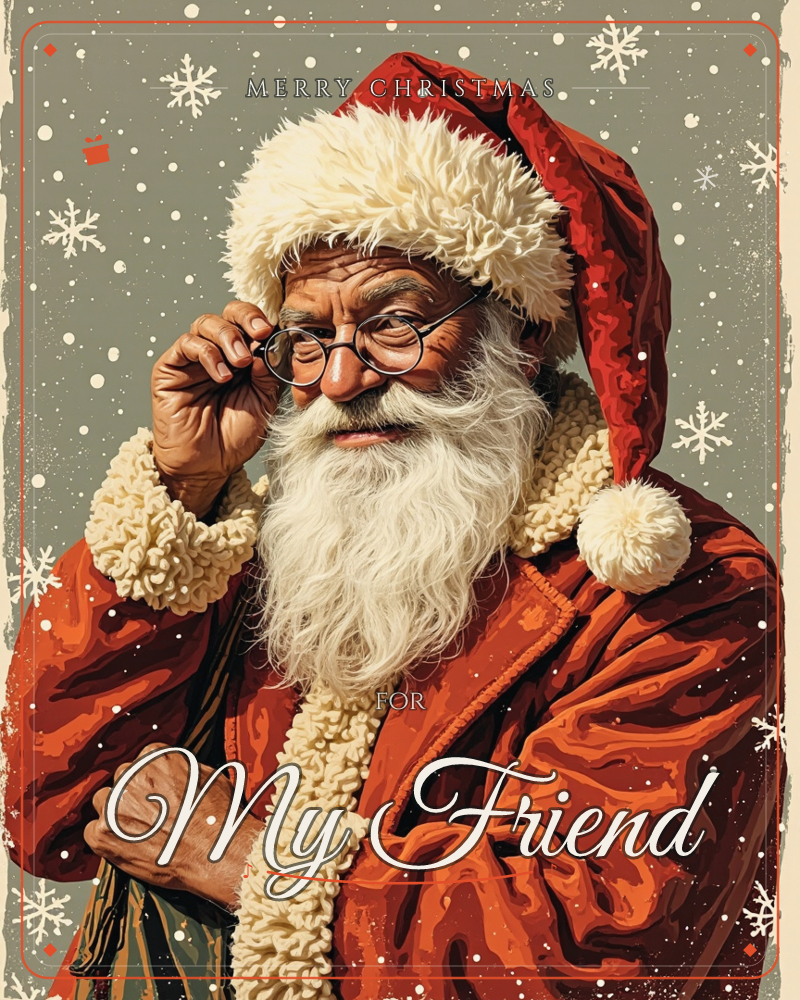 A close-up illustration of Santa Claus adjusting his round wire-rimmed glasses with one hand, his thick white beard and fur-trimmed red coat rendered…, a christmas e-card design