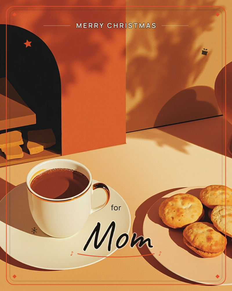 A 3D-rendered still life shows a white cup of tea on a saucer beside a plate of golden buns, set against a warm terracotta arched wall with dappled…, a christmas e-card design