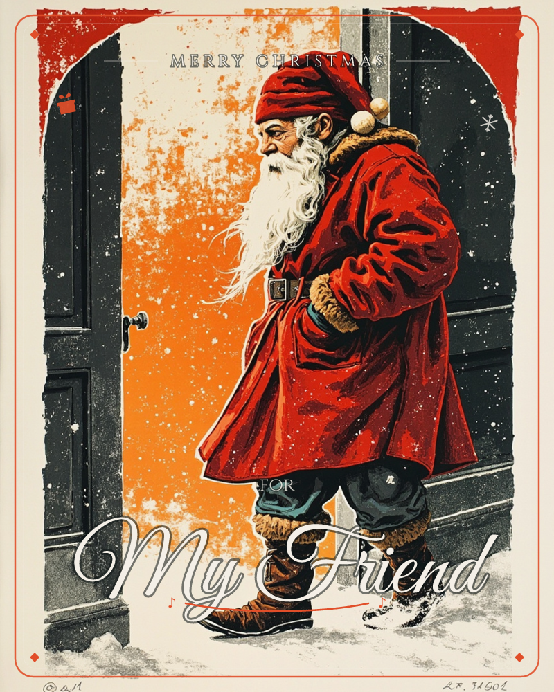 Santa stands sideways in a snow-dusted doorway, hands tucked in his pockets, his long white beard blowing in the wind, a christmas e-card design