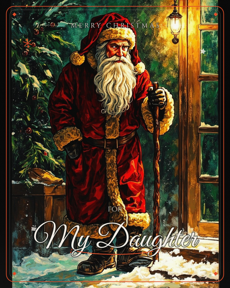 An old-world Santa stands beside a snow-dusted evergreen and a glowing lantern hung by a paned wooden door, leaning on a gnarled wooden staff, a christmas e-card design