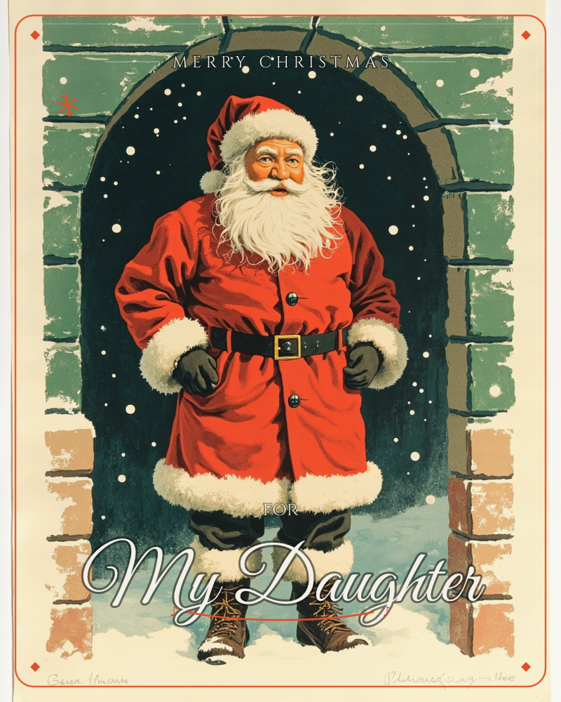 Santa Claus stands squarely in a stone archway with hands tucked into a wide black belt, his red coat and white beard bright against a snow-flecked…, a christmas e-card design