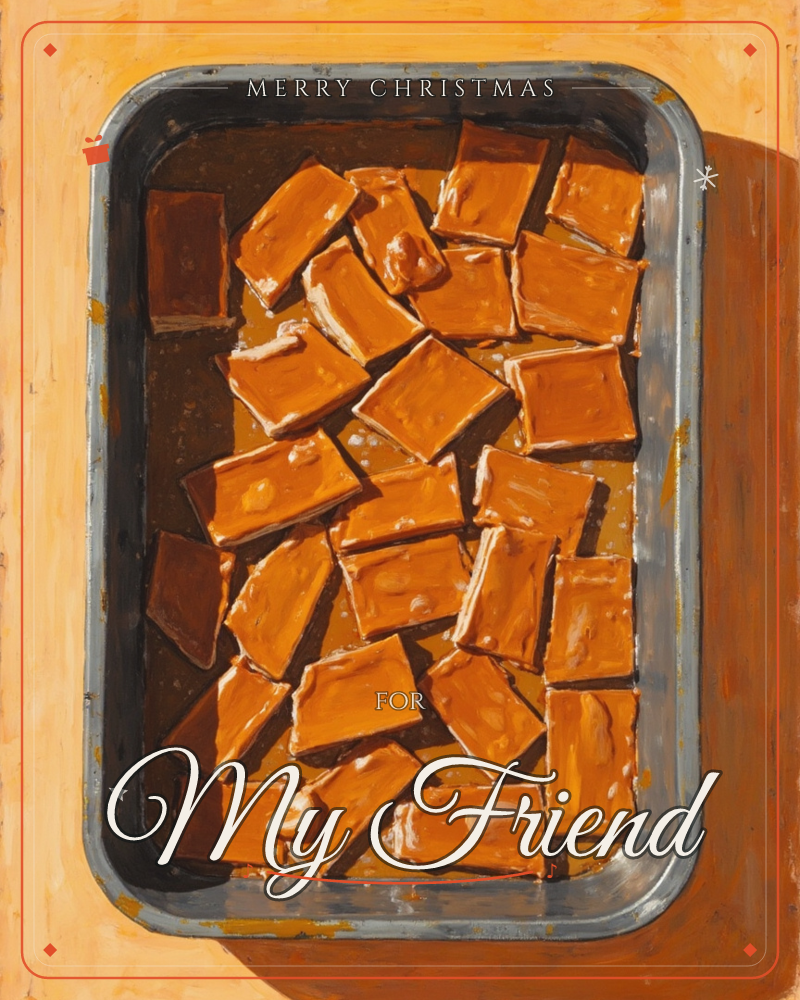 A metal baking tray sits on a warm orange tabletop, filled with pieces of homemade fudge or toffee cut into rough squares and rectangles, a christmas e-card design