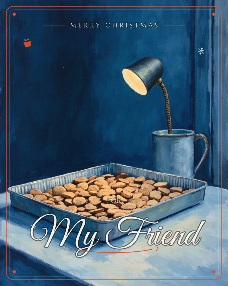 A small gooseneck lamp is propped in a mug, its warm bulb shining down on a metal tray heaped with almonds, the whole scene bathed in deep midnight blues, a christmas e-card design