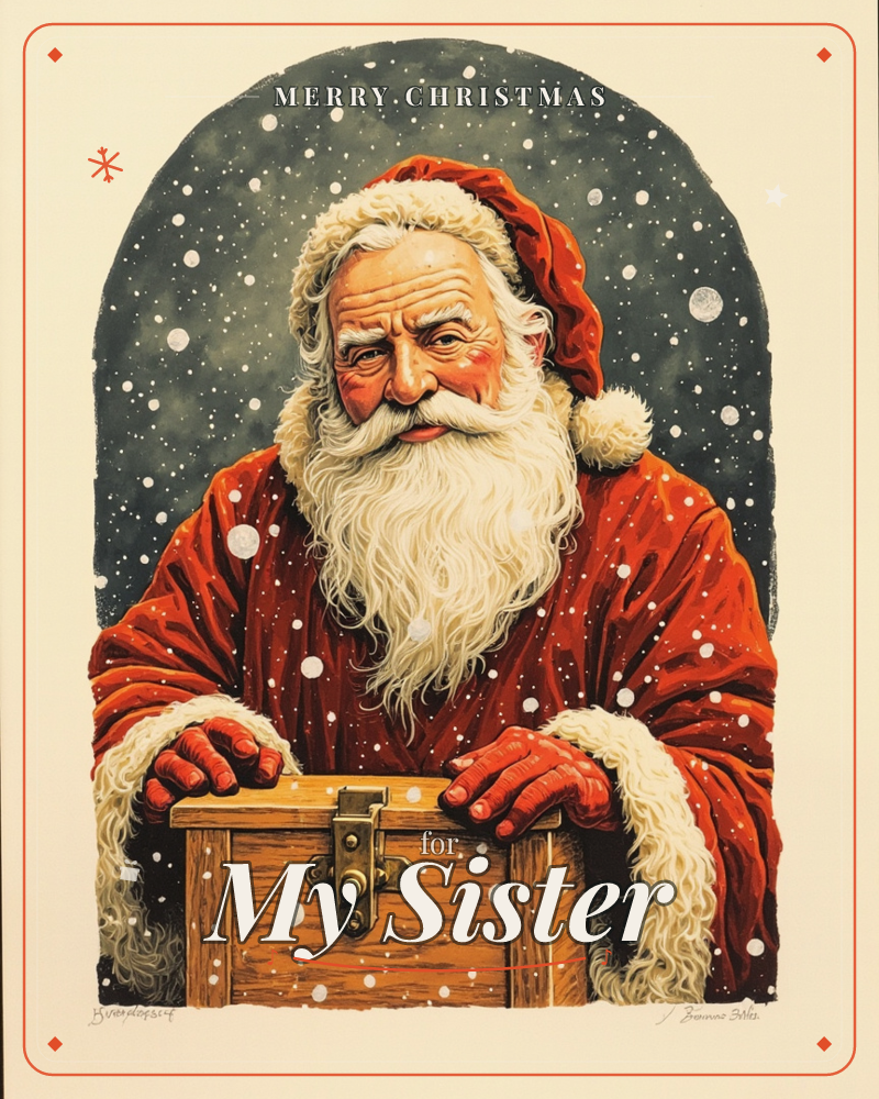 A weathered, kindly Santa leans on a latched wooden chest, snow falling against a deep charcoal-green arched backdrop, a christmas e-card design