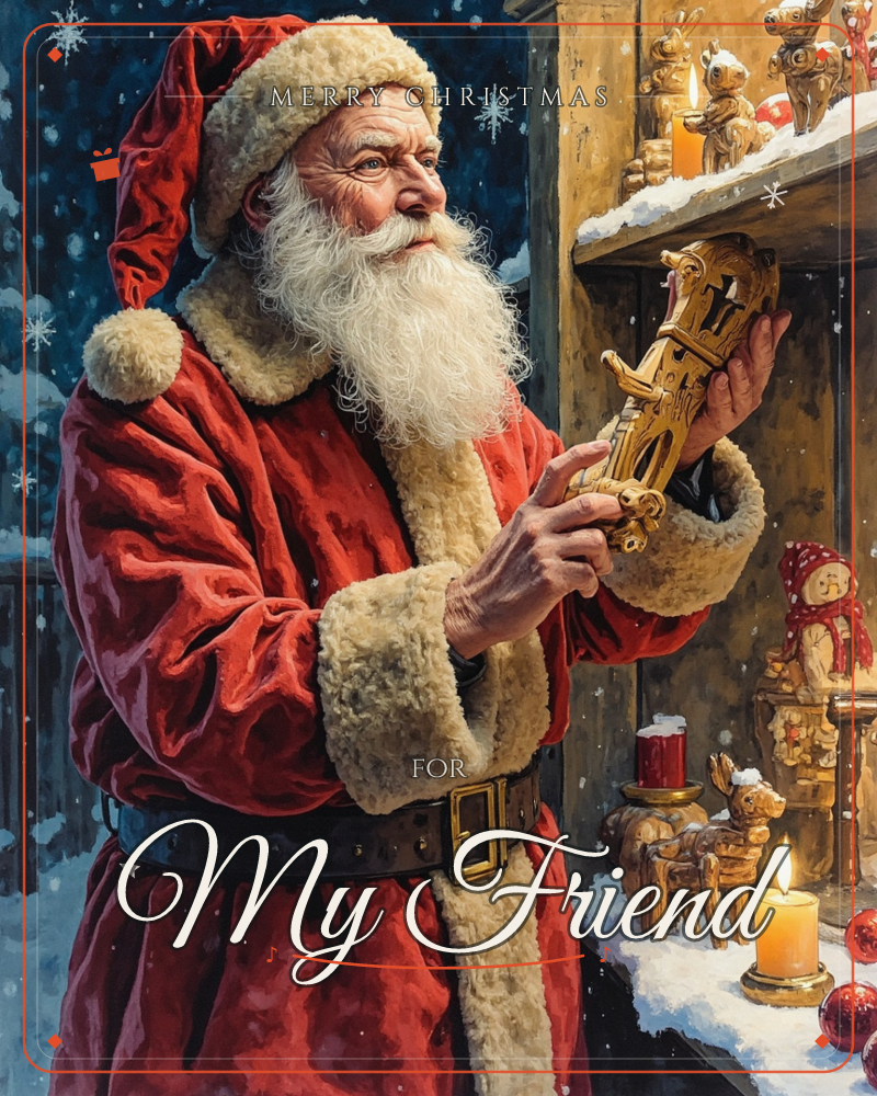 Santa Claus stands beside a wooden shelving unit dusted with snow, carefully examining a small carved wooden ornament in his hands, a christmas e-card design