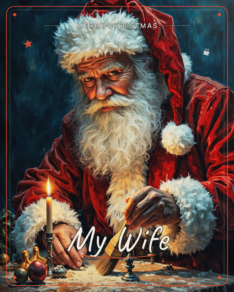 Santa Claus leans over a workbench lit by a single candle, sweeping fake snow across a small ornament with a paintbrush, a christmas e-card design