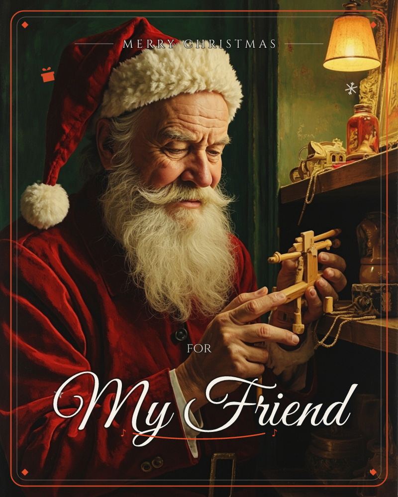 A white-bearded man in a red velvet Santa coat and hat sits in a wood-shelved workshop, carefully examining a small handmade wooden toy between his…, a christmas e-card design