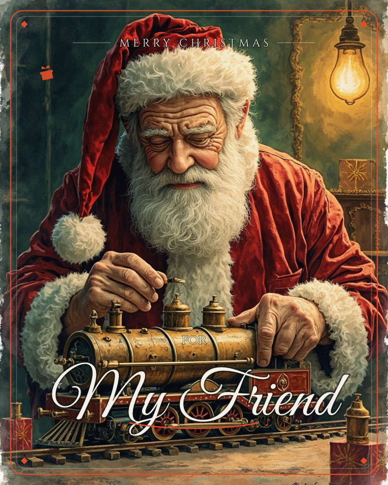 Santa leans low over his workbench, carefully winding a brass toy locomotive by lamplight, his red velvet coat glowing warm against the dim workshop…, a christmas e-card design
