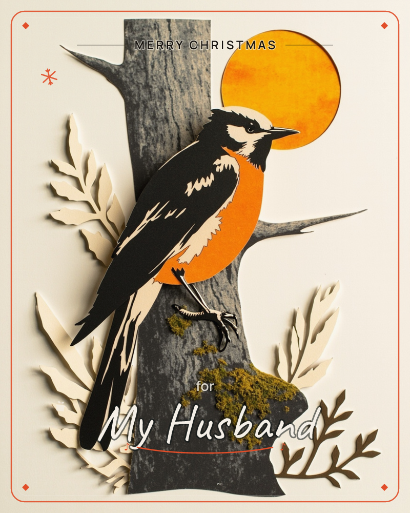 A layered paper-cut illustration shows a black, white and orange bird perched on the trunk of a grey tree, its claws gripping a patch of mossy texture, a christmas e-card design