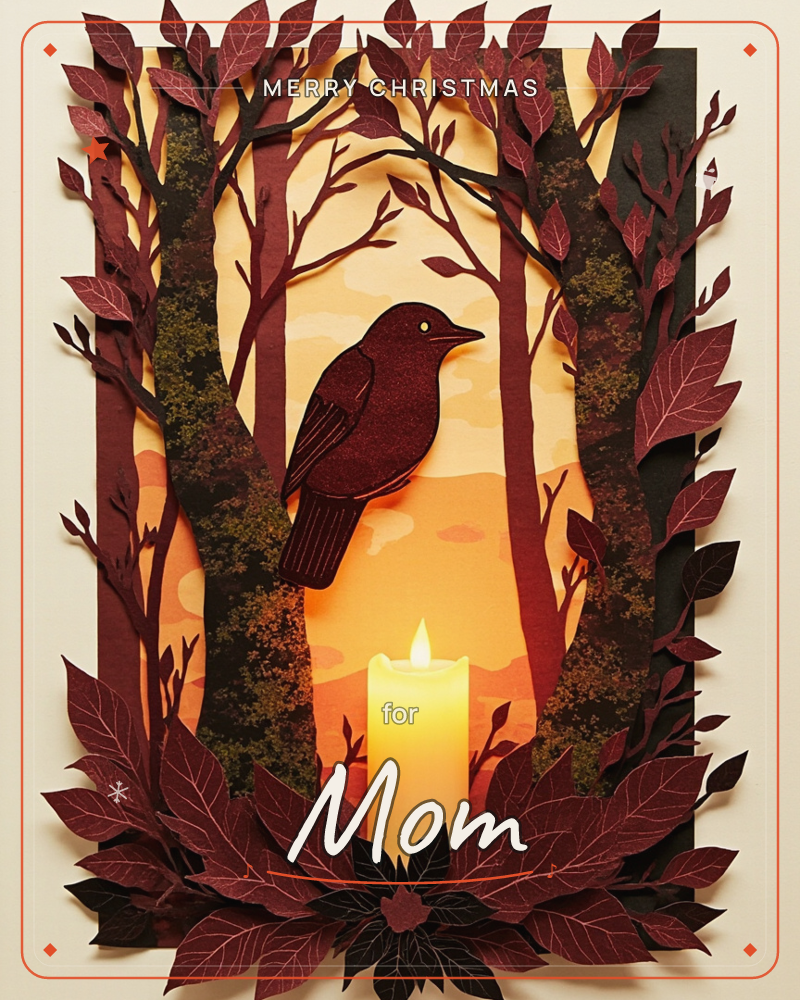 A layered paper-cut illustration shows a bird perched among slender tree trunks, silhouetted against a glowing amber sunset, with a lit candle standing…, a christmas e-card design