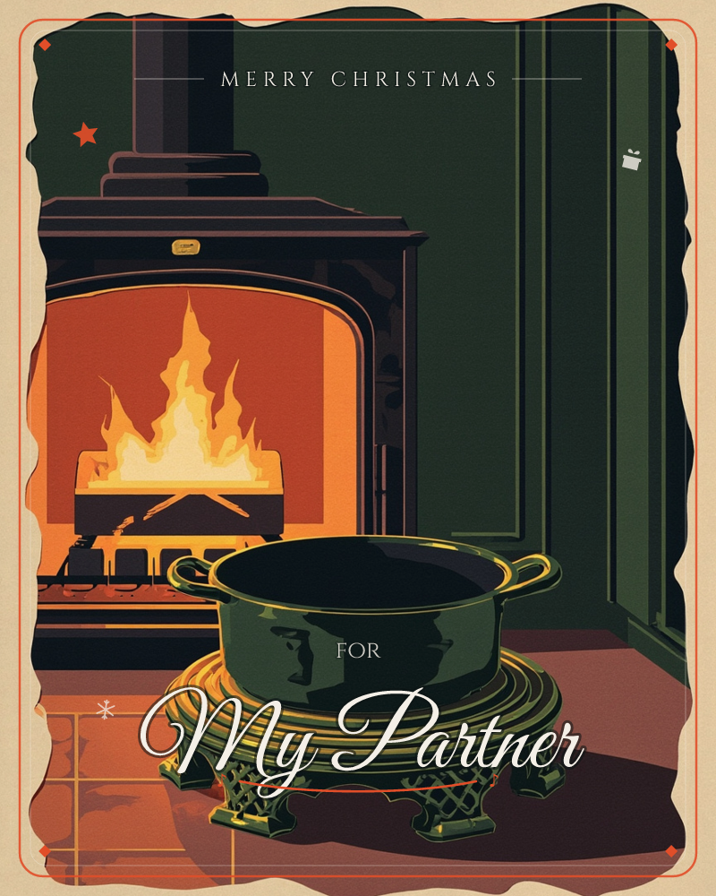 A cast-iron stove glows with tall orange flames behind its open door, casting warm light across a dark green room, a christmas e-card design