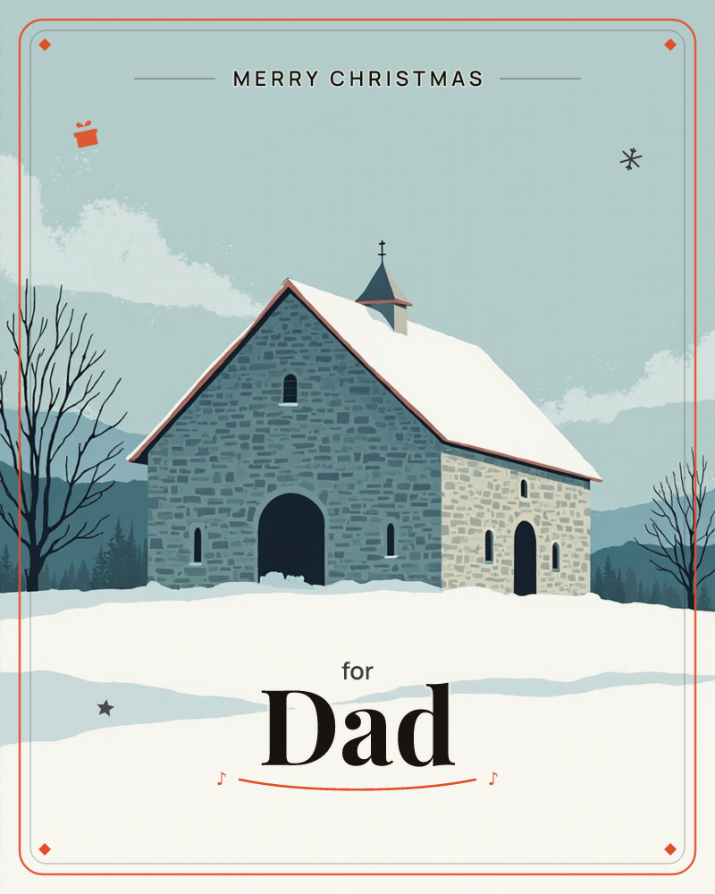 A small stone chapel with a snow-capped roof and a slender steeple topped by a cross sits alone in a wide, drifted snowfield, a christmas e-card design