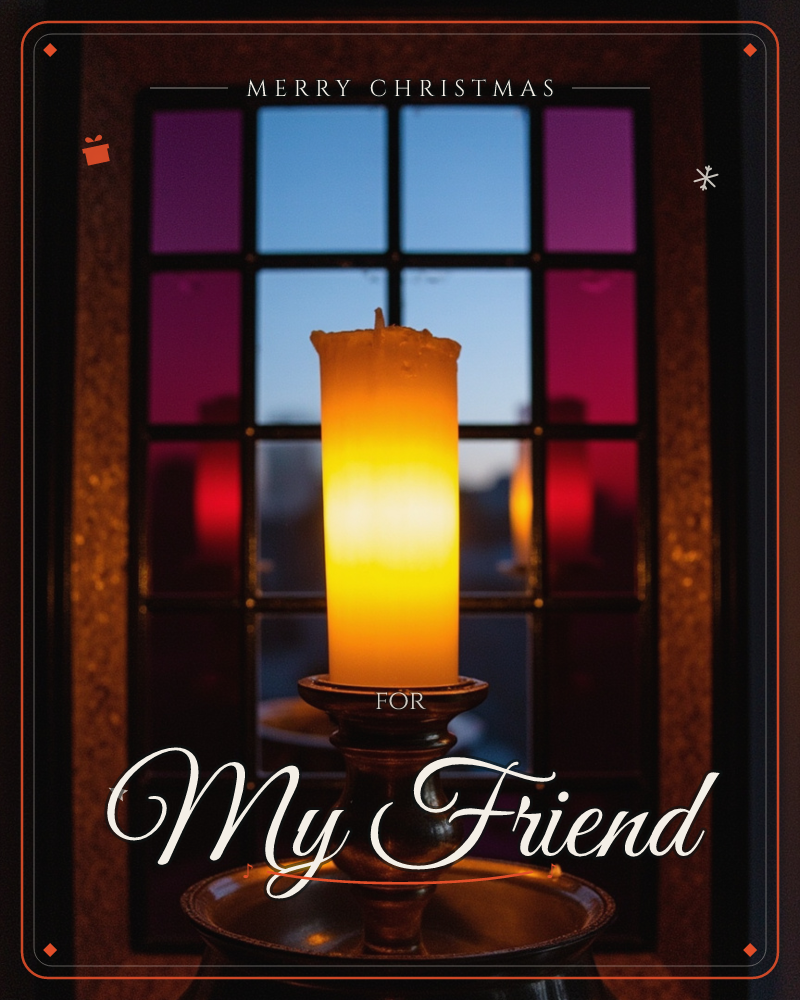 A tall dripping candle glows on a brass holder before a stained-glass window of blue, magenta and red panes, a christmas e-card design