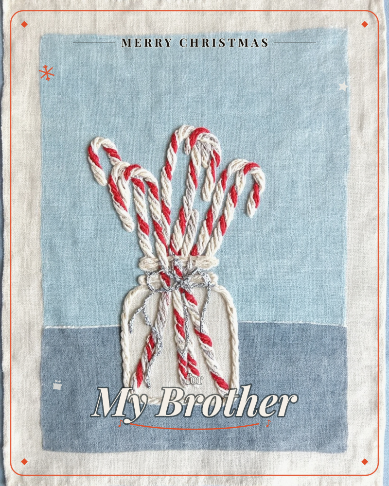 A textile card shows a jar bundle of candy canes rendered in embroidered cord, red-and-white stripes twisted like rope and tied with a silvery thread bow, a christmas e-card design