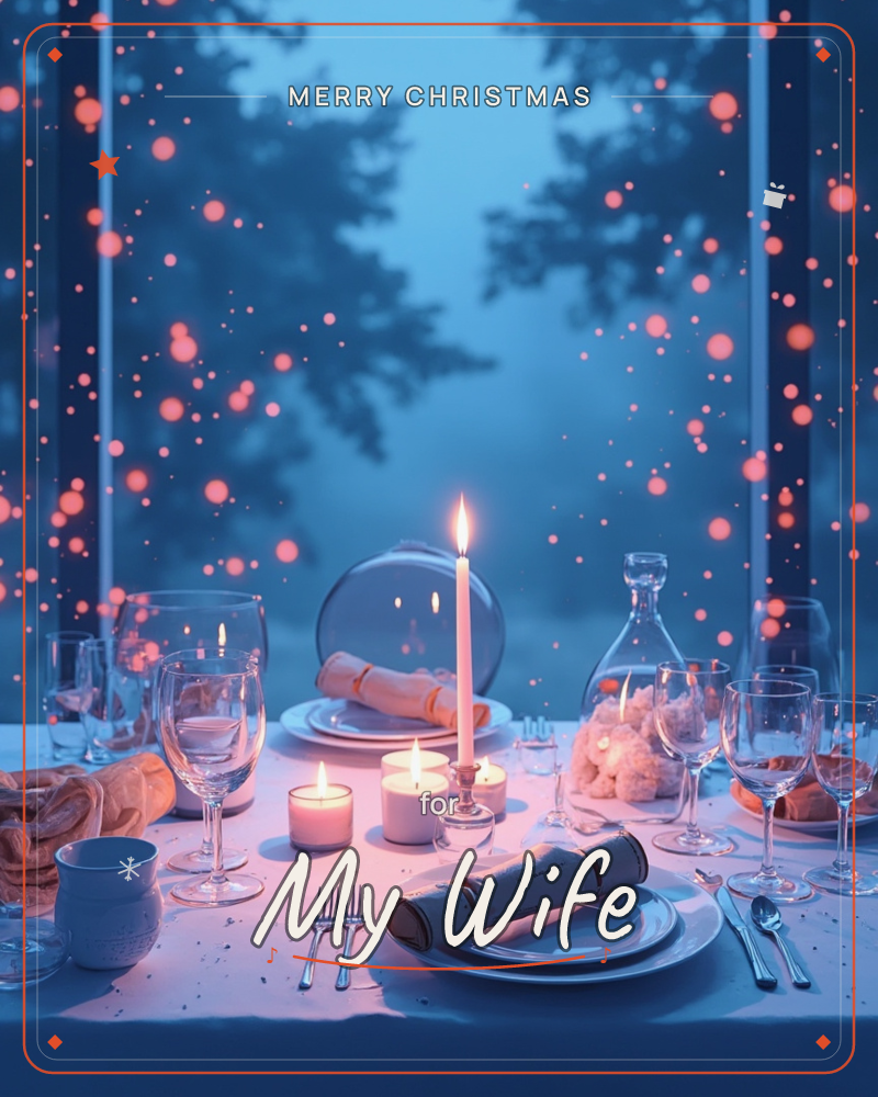 An elegantly set dinner table glows in blue twilight, with tall candles and votives lit among wine glasses, rolled napkins and bread, a christmas e-card design