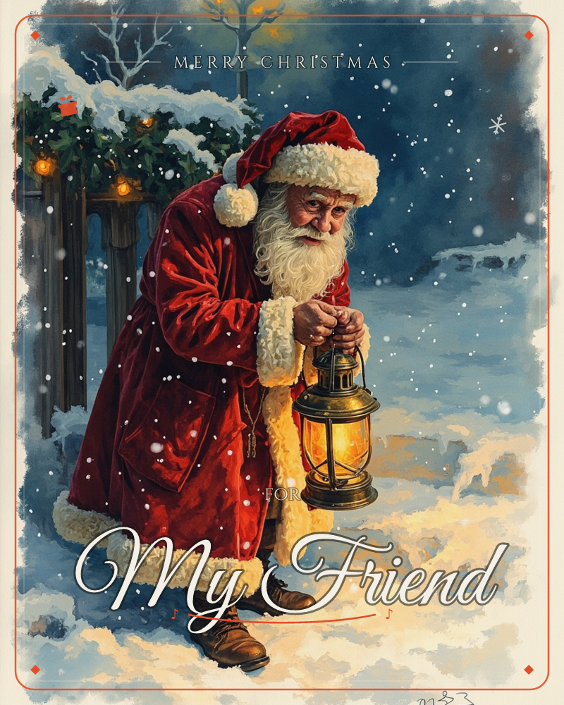 Santa trudges through falling snow at dusk, hunched over a glowing brass lantern that lights his path along a garland-draped fence, a christmas e-card design