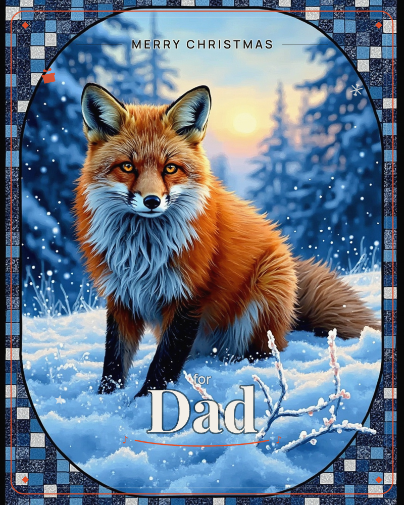 A red fox stands alert in a snowy forest clearing, its thick winter coat glowing orange against a twilight blue landscape, a christmas e-card design