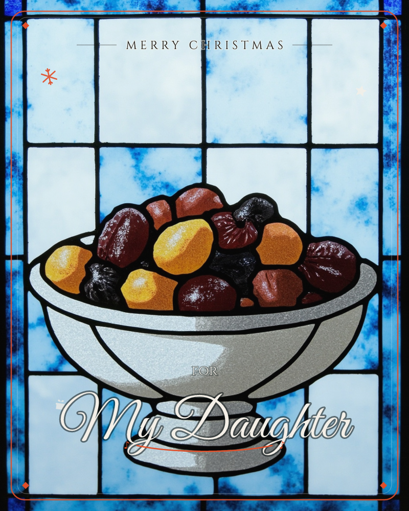 A stone pedestal bowl sits piled high with dried fruits and nuts in amber, plum and near-black tones, rendered with the bold outlines and jewelled…, a christmas e-card design