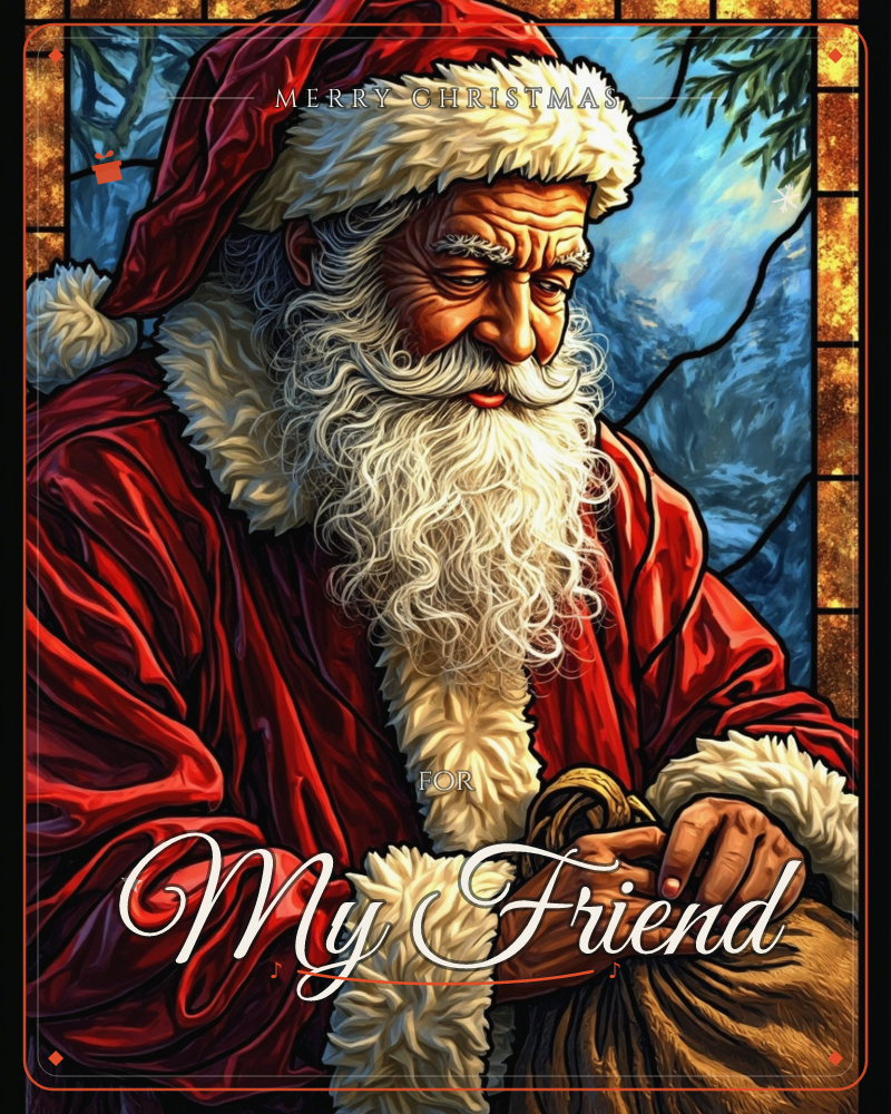 Santa Claus is shown in close profile, his weathered face framed by a thick white beard and fur-trimmed red hood, as he cinches closed a burlap sack…, a christmas e-card design