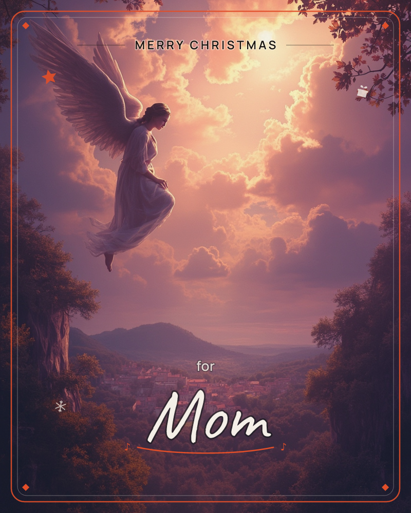 A winged figure in a flowing white gown drifts above a hillside town, glowing clouds parting behind her at dusk, a christmas e-card design