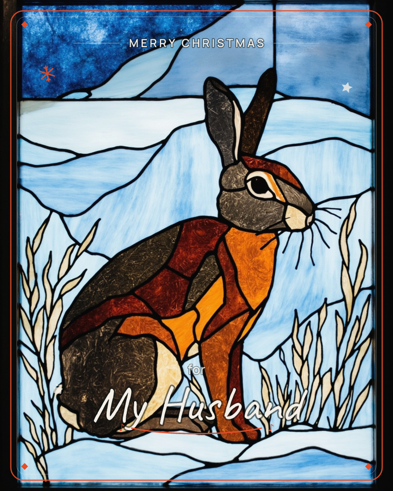A stained-glass style panel shows a hare sitting alert amid snowy drifts and bare grass stalks, its body pieced together in shards of amber, rust and…, a christmas e-card design